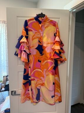 True Destiny Orange Pink Purple Ruffle Sleeve Shirt Dress